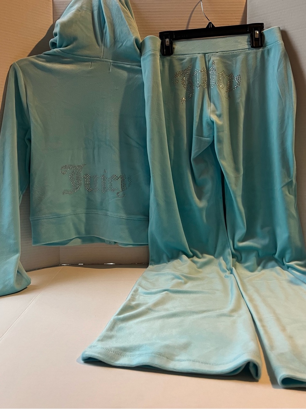 Juicy Couture Velour OG BLING Crystal Blue Aqua Velour Tracksuit Set Size S NEW